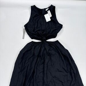 Faithfull The Brand Womens Zeta Midi Dress XL Black Linen Cutout Knot Minimalist